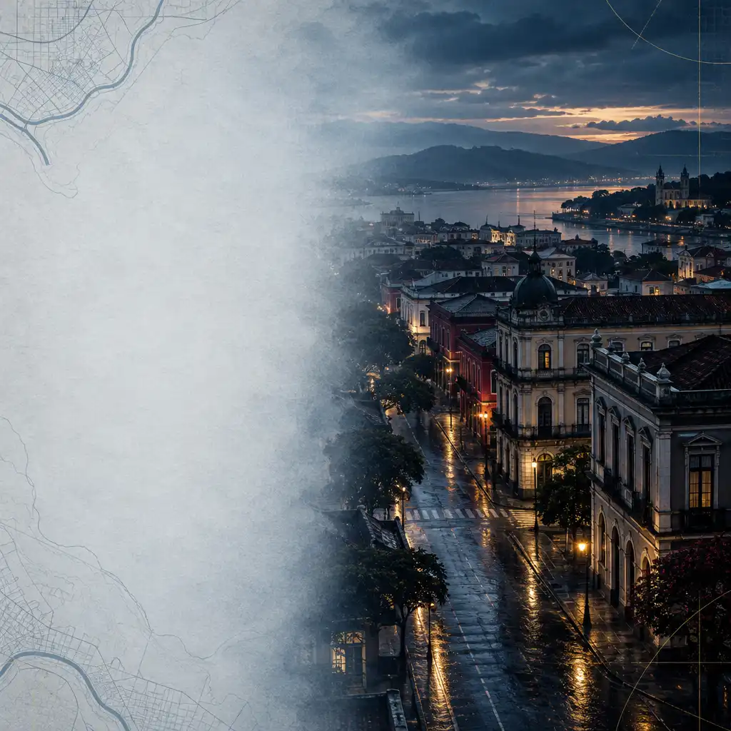 Ilustração editorial de uma cidade urbana fictícia ao entardecer